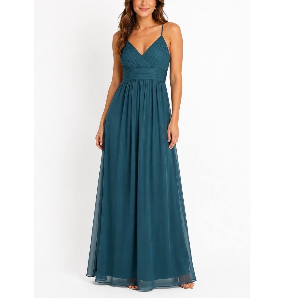 Watters & Watters Teal Green Pleated 8 Maxi Dress Spaghetti Strap Formal Gown